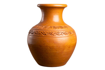 Side-Angled Clay Jar with Narrow Neck and Carved Rim, isolated on transparent background