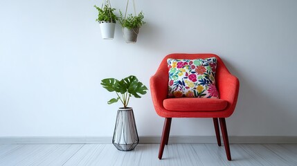 Red accent chair with floral cushion, minimalist modern interior, white wall and green plants, clean Scandinavian decor, bright home staging concept
