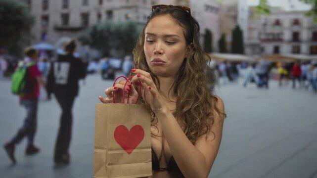 Young woman in swimwear outdoors holding a paper bag with a heart symbol on a busy street, smiling and enjoying the vibrant atmosphere.