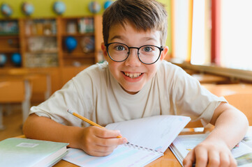 Smiling pupil studying and writing in classroom at school