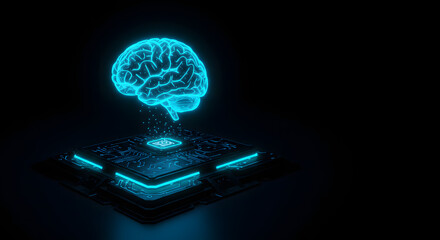 Glowing blue brain hologram above futuristic platform