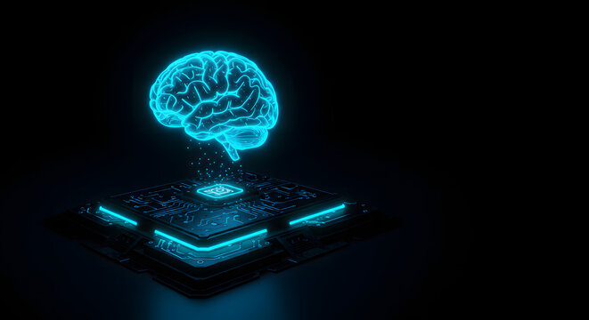 Glowing blue brain hologram above futuristic platform - Powered by Adobe