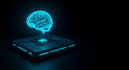 Glowing blue digital brain hologram emerging from futuristic circuit board