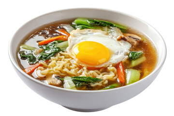 Bowl of ramen noodles with fried egg and vegetables in broth isolated on a transparent background yolk