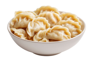 Bowl of steamed dumplings with crimped edges and translucent dough isolated on a transparent background