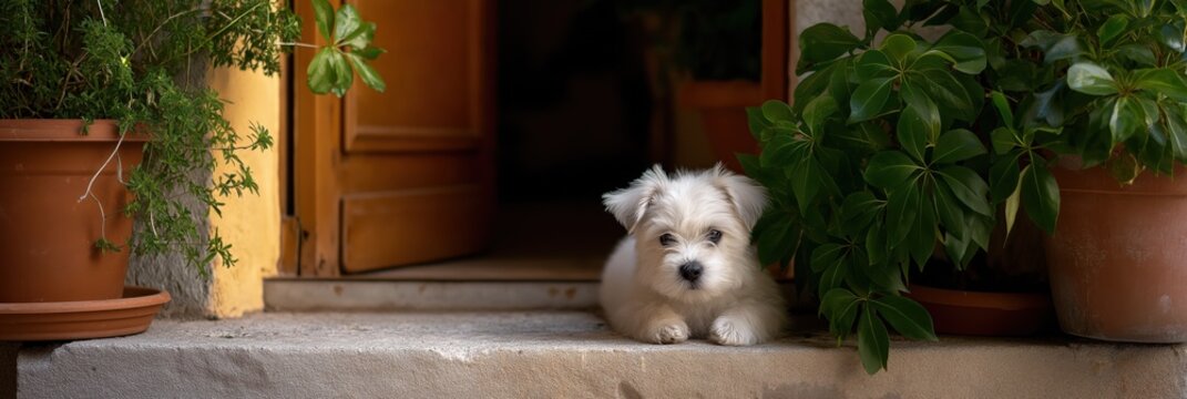 Adorable white puppy resting on doorstep surrounded by lush green plants - Powered by Adobe