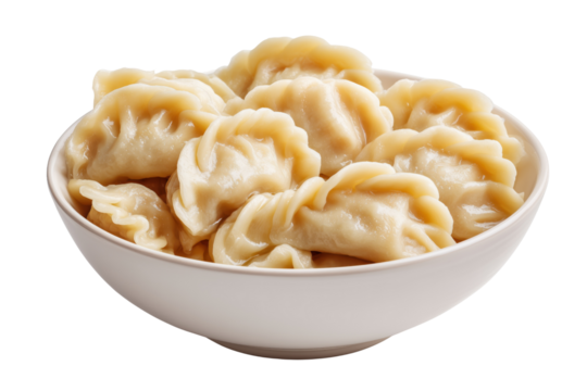 Bowl of steamed dumplings with crimped edges and translucent dough isolated on a transparent background