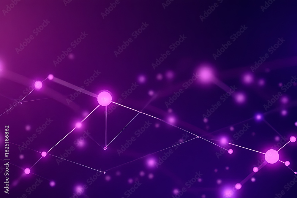 Poster abstract network illustration with glowing pink nodes connected by lines on a dark purple gradient b