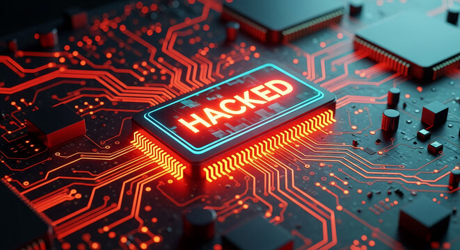 Close-up of illuminated circuit board with glowing "HACKED" message, symbolizing data breach, cyber security risk, and digital vulnerability