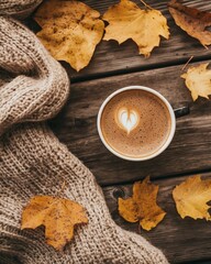 Autumn still life with warm drinks cookies and colorful leaves on a wooden table