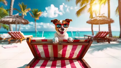 A vibrant, sunlit beach scene featuring a dog with redtinted sunglasses at the edge of a swimming pool. The dog is positioned behind a wooden deck chair with red and white striped fabric.