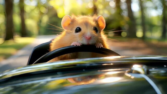 A closeup shot of a hamster on a cars steering wheel, captured in a candid moment. The hamster is perched on the wheel, with its front paws gripping the edge of the cars wheel.