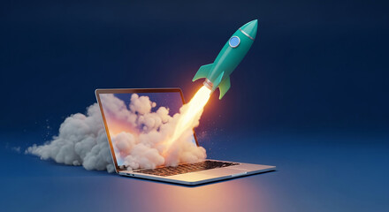 Laptop screen showcasing rocket launching through clouds, symbolizing digital growth, innovation, and fast business startup success