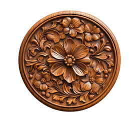 Exquisite wooden carving featuring floral motifs and intricate botanical design on white backdrop