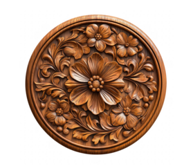 Exquisite wooden carving featuring floral motifs and intricate botanical design on white backdrop