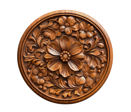 Exquisite wooden carving featuring floral motifs and intricate botanical design on white backdrop