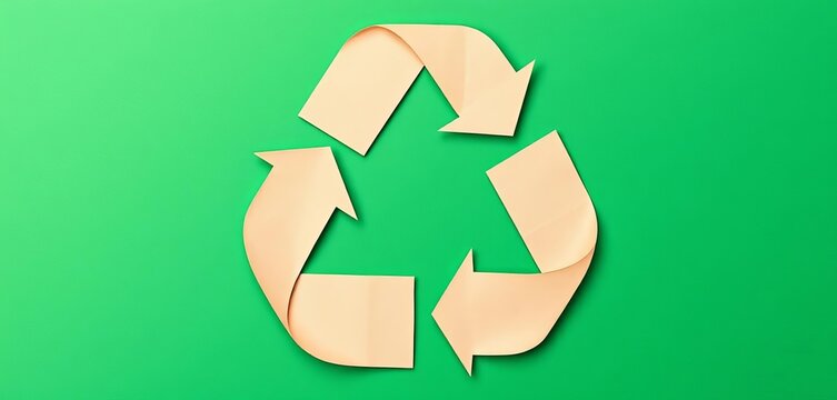 Kraft paper recycling symbol cutout on green background, top view,  symbol,   design