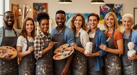 Diverse group of smiling artists in studio with paintbrushes and palettes