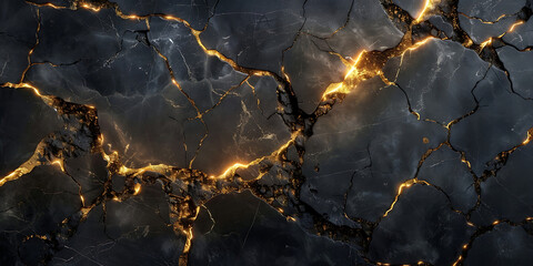 Cracked dark marble surface with glowing golden veins, abstract luxury texture