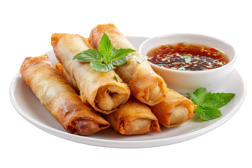 Crispy golden spring rolls with mint garnish and dipping sauce isolated on a transparent background fried