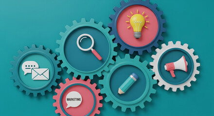 Interlocking gears showcase marketing strategy, featuring icons for communication, research, idea generation, content creation, and advertising, symbolizing integrated business processes