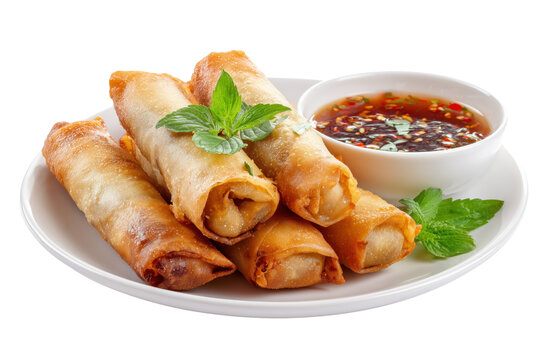 Crispy golden spring rolls with mint garnish and dipping sauce isolated on a transparent background fried
