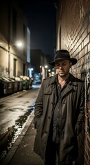 Naklejka premium Man in hat and trench coat standing in a dark alleyway with brick wall and puddles on the ground