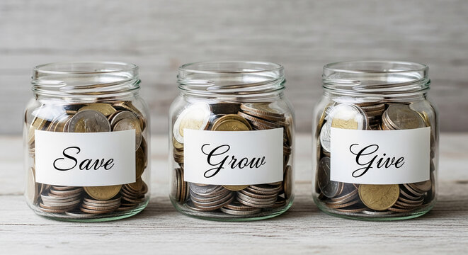 Three glass jars filled with coins, each labeled "Save," "Grow," and "Give," illustrating a financial strategy of saving, investing, and charitable giving