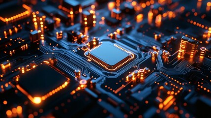 Obraz premium Innovative design of a computer microprocessor chip with glowing digital pathways on a dark circuit board