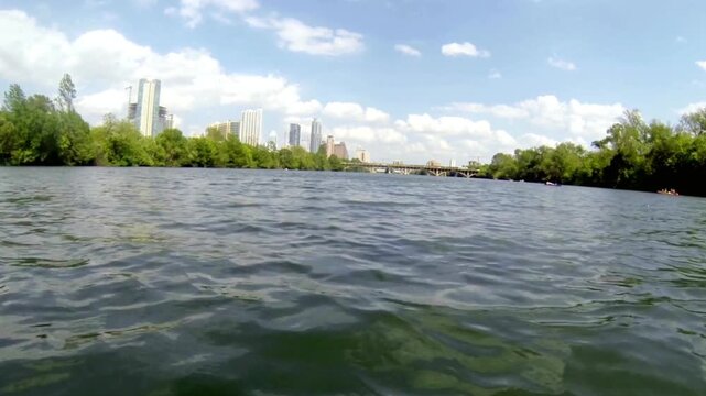 Austin texas skyline view from lady bird lake on a sunny day