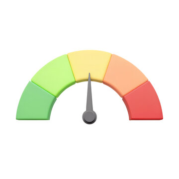 Arrow point scale speed high status red speedometer icon performance, pointer rating risk credit levels, meter, tachometer on isolated background. minimal cartoon. 3d rendering