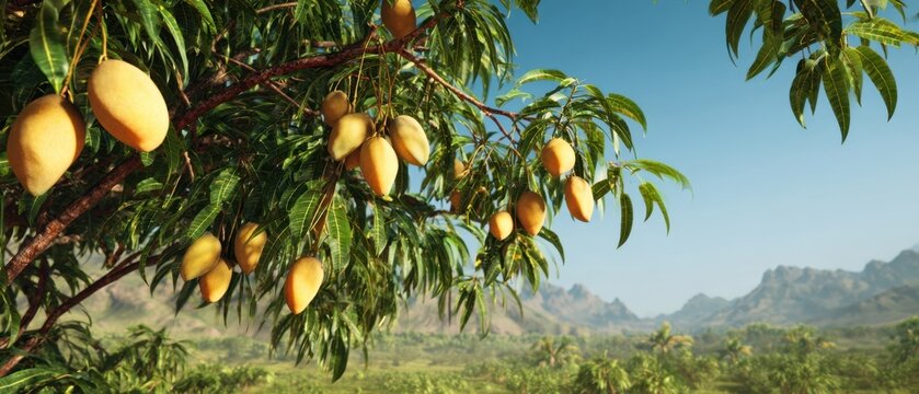 The Mango Tree Loaded with Ripe Fruits in a Tropical Landscape