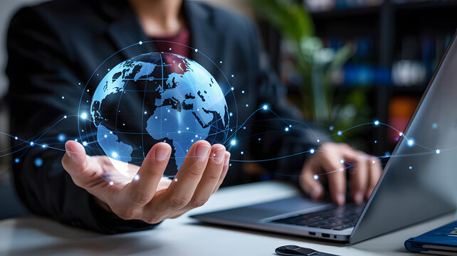 Businessman holds glowing digital globe connecting world data networks with laptop in modern office