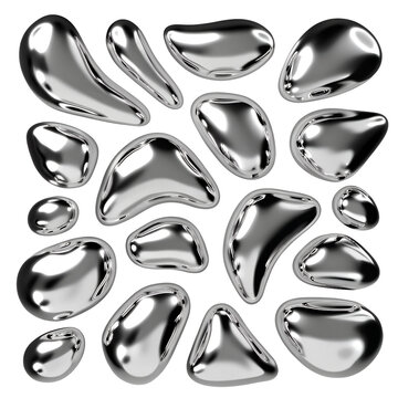 Y2K Melty chrome shapes isolated. Spilled liquid metal drops. Futuristic metallic puddles
