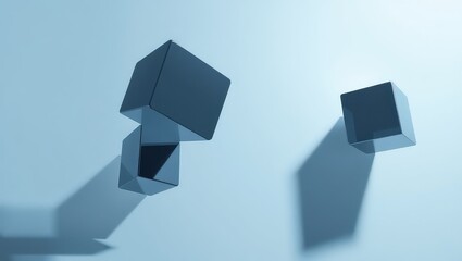 Three dimensional cubes floating in a blue space casting shadows on a plain light blue background
