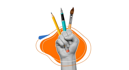 Close-up of an artist's hand holding a paintbrush, making colorful strokes on a canvas