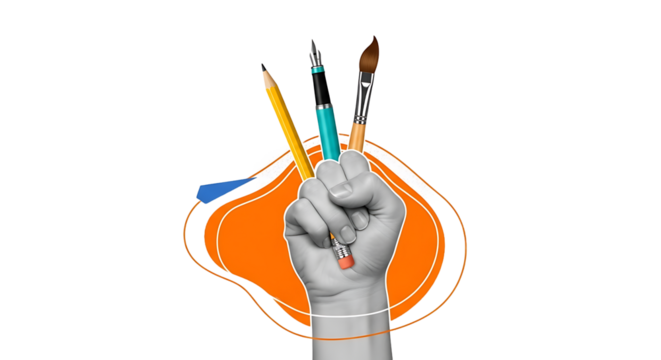 Close-up of an artist's hand holding a paintbrush, making colorful strokes on a canvas