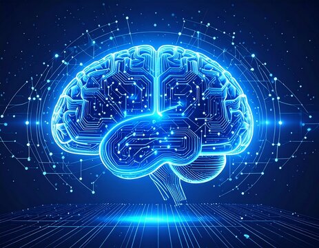 Surrounded by stars, a neon AI brain emits energy and data streams. It looks alive, thinking, evolving&mdash;a vision of artificial superintelligence.