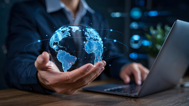 Business professional holding holographic glowing earth, symbolizing global connection and digital innovation with laptop.