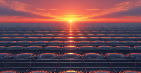 Fototapeta premium Synth wave Sunset over Grid Textured Virtual Landscape - 1