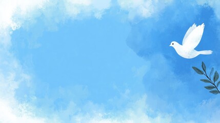 Illustrative watercolor scene with a white dove and olive branch against soft blue background, ideal for wallpaper, poster, peace - themed design and serene decor.