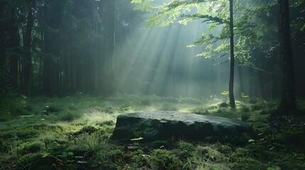 Obraz premium a tranquil forest clearing with soft fog and morning sunlight, a flat stone in the center for product display, cinematic view, 16:9 ratio