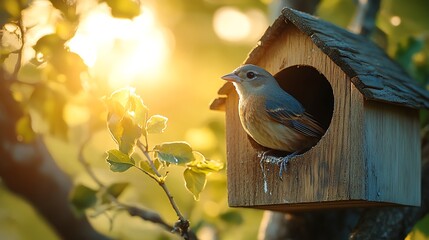 Wild bird sitting at entrance of rustic wooden birdhouse in warm golden light at sunrise. Habitat protection and bird nesting support. Nest Box Week with text space