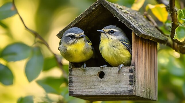 Two charming blue and yellow birds inside wooden birdhouse. Nesting pair in leafy environment. Bird shelter awareness and love for nature. Nest Box Week