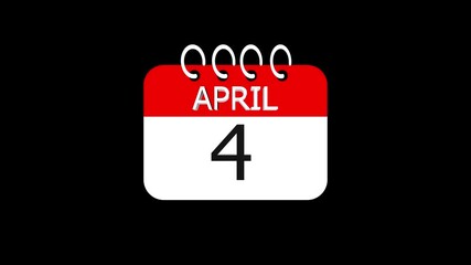 day date 4 april concept template calendar page animation concept. Calendar with the date april 4 on a black background. april 4- Daily Calendar Icon in flat design style.