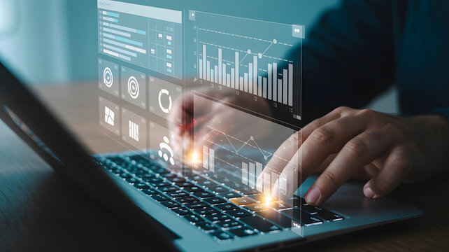 Analyze financial data and present insights with dynamic digital charts on a modern laptop interface