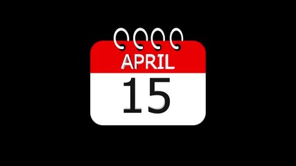 day date 15 april concept template calendar page animation concept. Calendar with the date april 15 on a black background. april 15- Daily Calendar Icon in flat design style.
