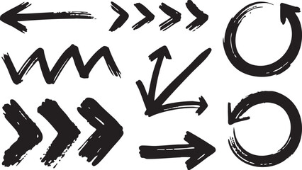 Hand-painted black ink arrows; directional, grunge style; set of diverse shapes;  navigation, design elements;  bold, expressive graphic;  website, app, print.