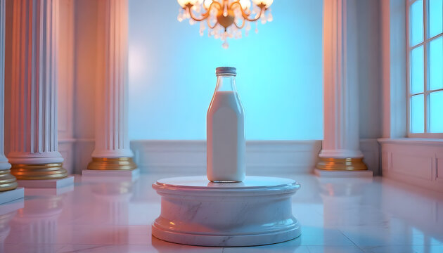 Milk Bottle on Pedestal: A pristine glass bottle filled with fresh milk stands prominently on a marble pedestal, showcased under the glow of an opulent chandelier in a palatial interior setting. 