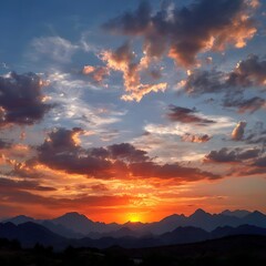 Fototapeta premium Dramatic sunset sky with vibrant orange and blue clouds over silhouetted mountains